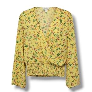 For the Republic Women’s Yellow Floral Long Sleeve Wrap Smocked Small Blouse